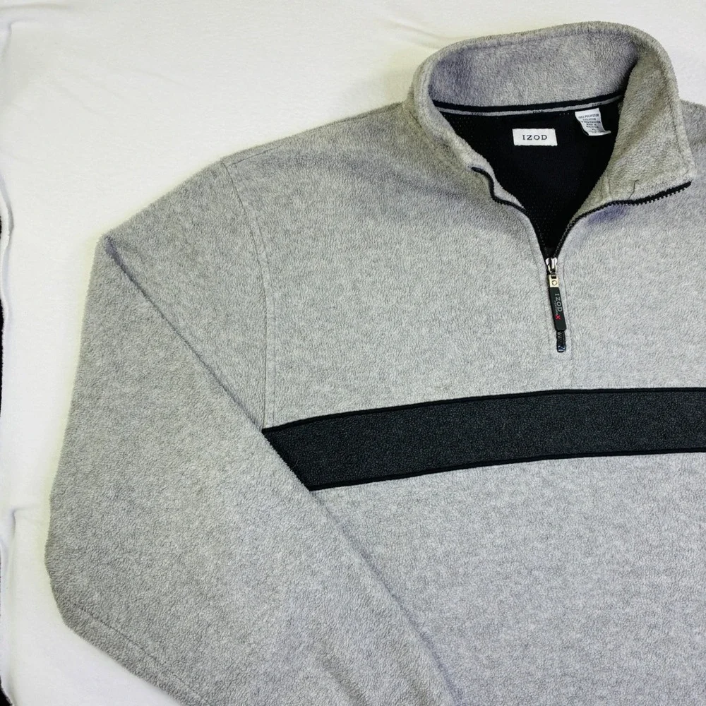 IZOD Performance Mens XL Fleece Quarter Zip Pullover Gray Black Stripe Mock Neck